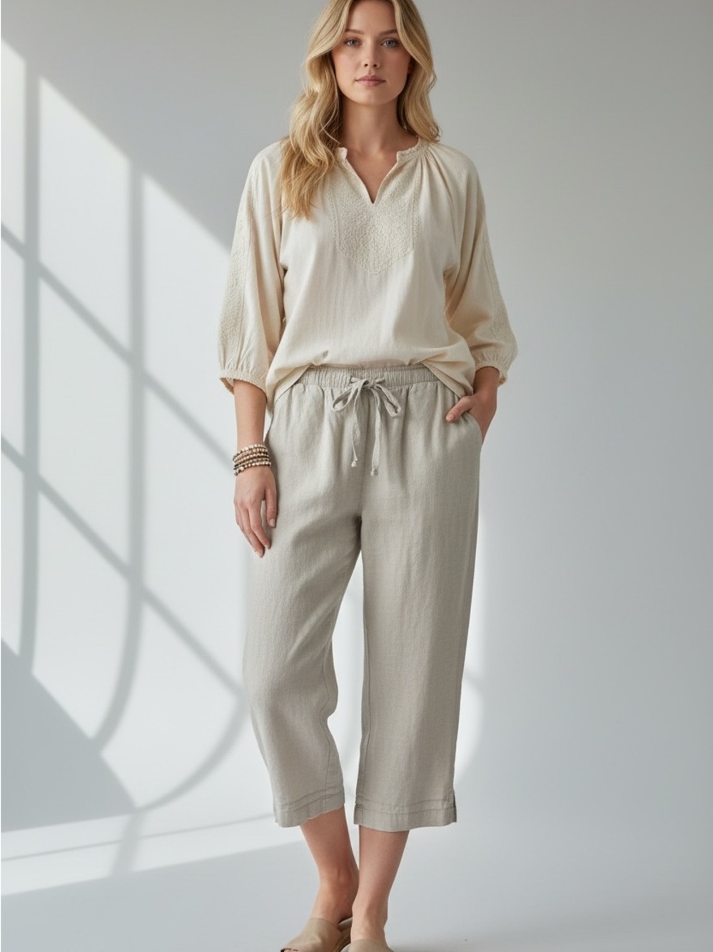 Erika Neutral Drawstring Crop Pants in Light Taupe